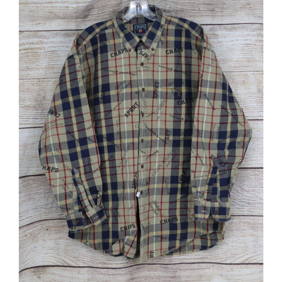 VINTAGE 90s Chaps Ralph Lauren Mens Sz Large Sports Print Button Down Shirt Tan - Picture 1 of 7
